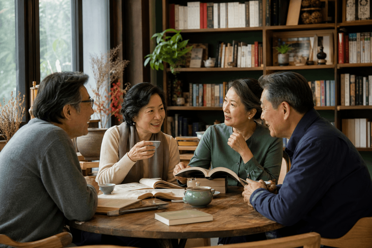 成熟朋友在阅读茶会中轻松交谈,AI 品牌示意