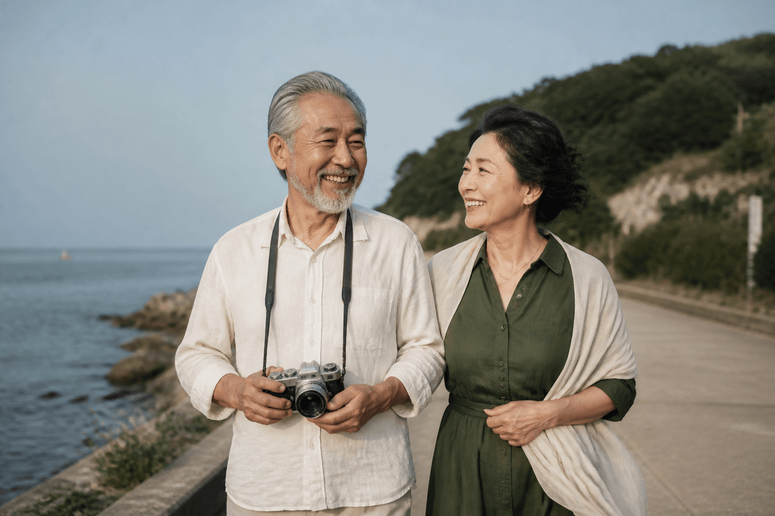 成熟男女在海边散步与摄影,AI 品牌生活示意